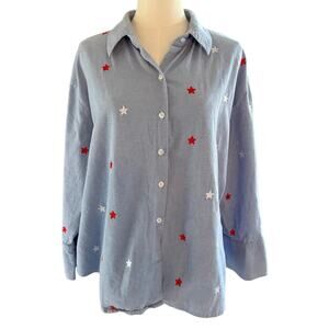 Casey Coleman Blue Chambray Button Down Shirt 1X Embroidered Stars Patriotic